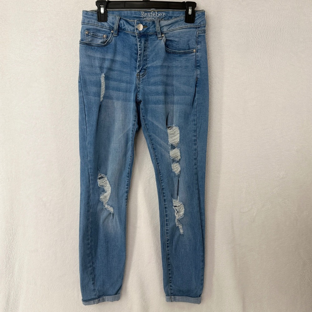 Resfeber Skinny Boyfriend Jeans Womens 8 Blue Distressed Ripped Light Wash Denim